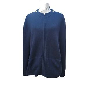 St. John Cashmere Marie Gray Knit Zip Front Cardigan Navy Blue Gold Buttons L